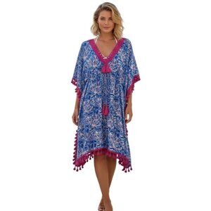 Simply Southern Kimono Beach Cover Up L XL Floral Pink Tassel Fringe Resort Swim